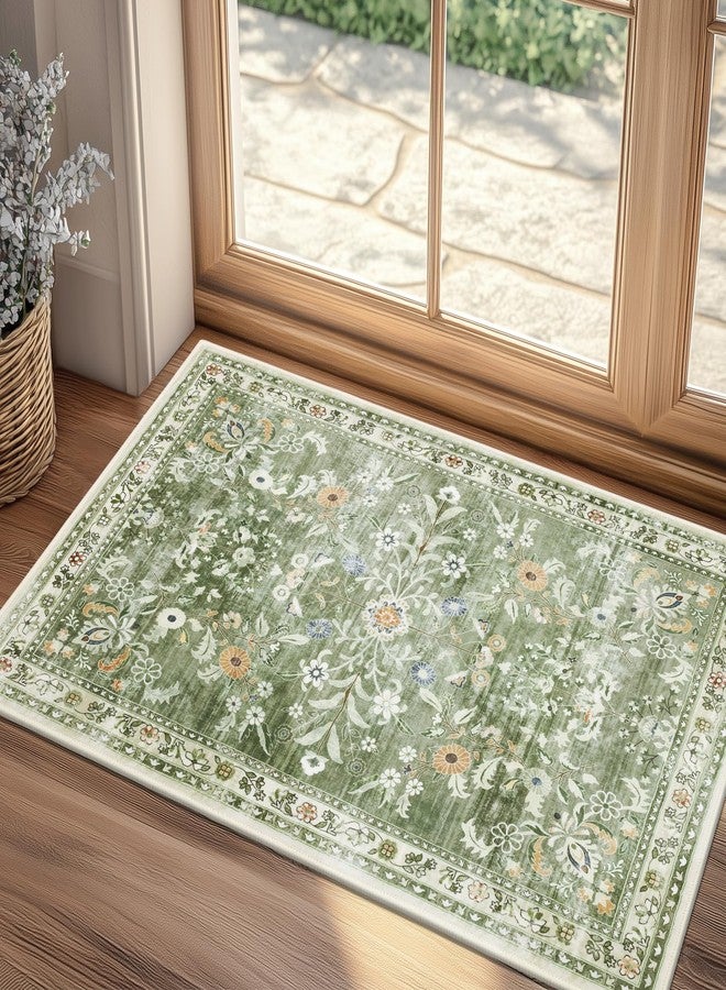Yamaziot Washable Runner Rug 2x3 - Floral Non Slip Small Entryway Rug with Rubber Backing, Low Pile Faux Wool Distressed Carpet for Indoor Door Mat, Kitchen, Laundry Entrance, Green - Image 1